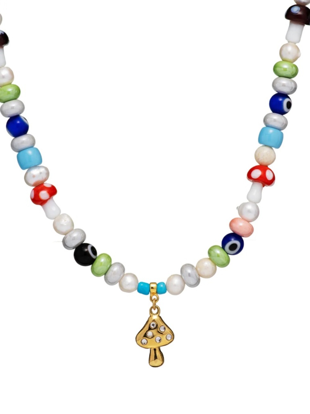 Gold Mushroom Charm Multicolor Beaded Necklace by